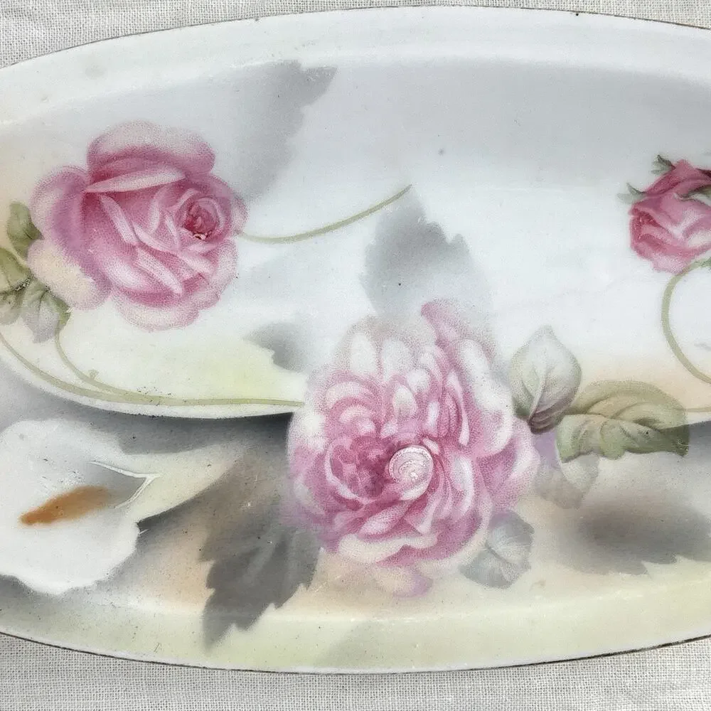 Rose Porcelain Tray Hand Painted Pink Floral Trinket Dish Vanity Romantic 9x4